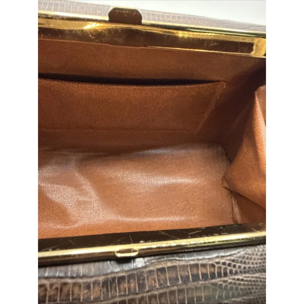Vintage 1950's Alligator Lizard Brown Hand Bag Purse Gold Accents